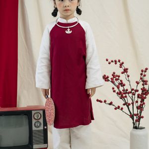 Bộ Áo dài TinyBear thân đỏ phối trắng 3-4y