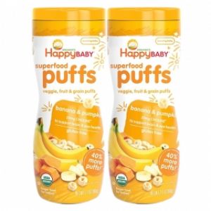 Combo 2 Thực phẩm bổ sung: Bánh xốp hoa quả, rau và ngũ cốc vị chuối và bí đỏ Happy Baby Superfood Puffs